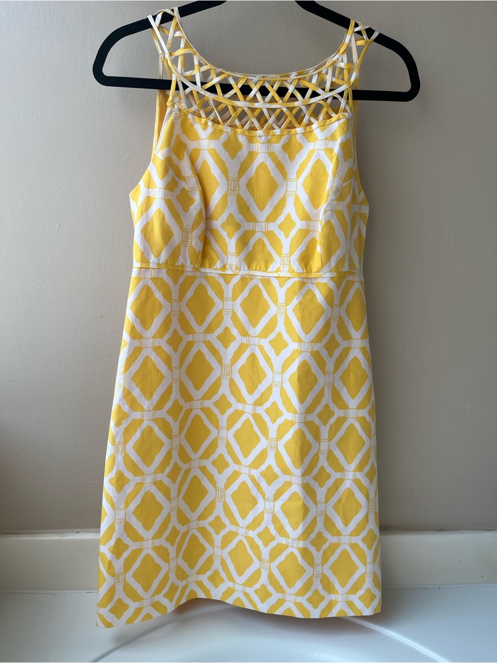 Lilly Pulitzer Jacqueline Yellow Geometric Silk/Cotton Blend Dress Cage Neck- 4